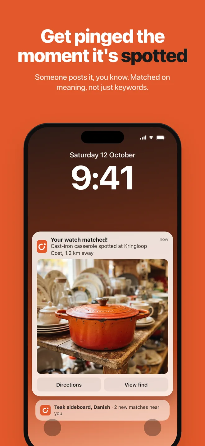 Kringspot notification on a phone: your watch matched, a cast-iron casserole spotted at a kringloop store 1.2 km away.
