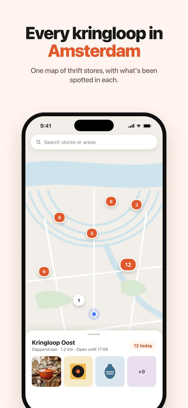 Map of thrift stores in Amsterdam with clustered pins and a store card showing today's finds.